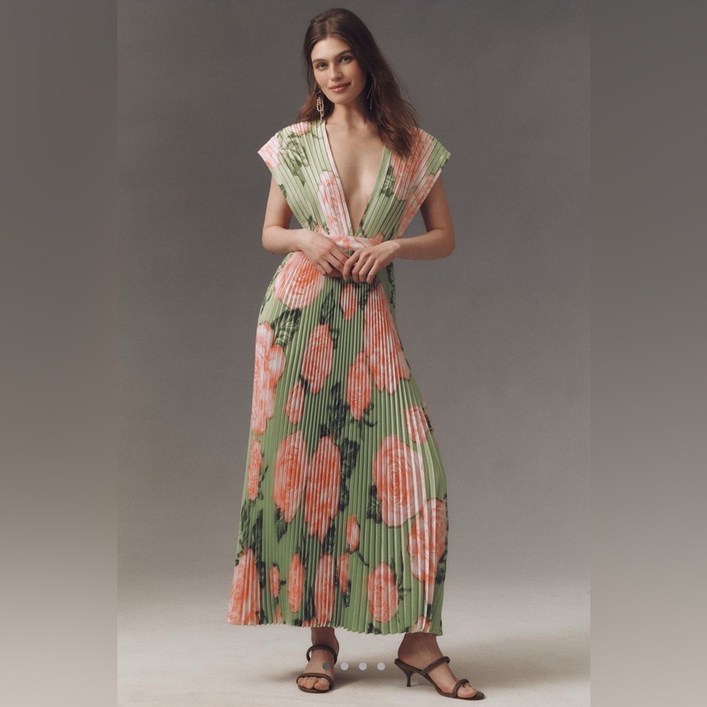 L’Idee Green Maxi Dress with Coral Floral Print